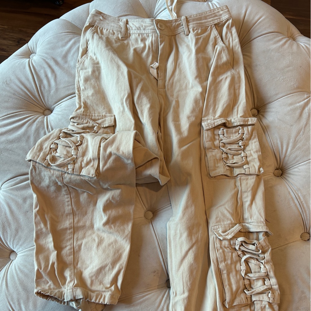 Men's Beige Cargo Pants with Lace Detailing